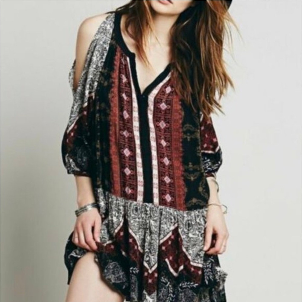 Free People Cold Shoulder Mixed Media Print Mini Dress Small Burgundy Black Boho